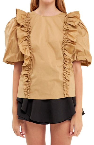 English Factory Double Ruffle Poplin Puff Sleeve Shirt In Tawny