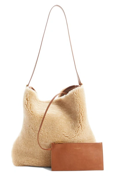 Shop Saint Laurent Genuine Shearling Square Hobo Bag In 9590 Natural Beige/ Brick