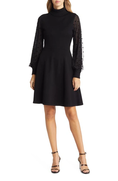 Shop Eliza J Mixed Media Long Sleeve Fit & Flare Dress In Black