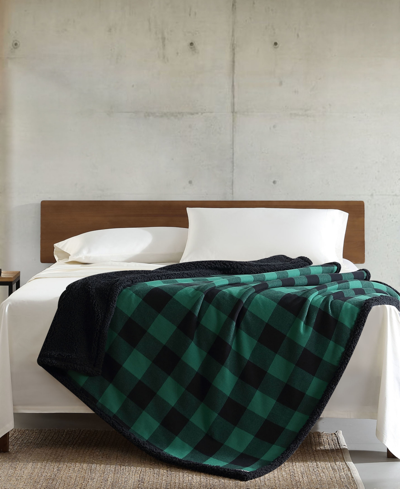 Eddie Bauer Plaid Cotton Yarn Dye Flannel Faux Shearling Reverse Throw, 60" X 50" In Cabin Plaid Pine