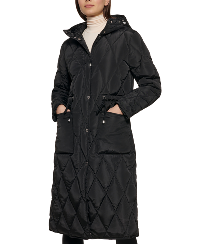 Shop Kenneth Cole Petite Hooded Anorak Quilted Coat In Black