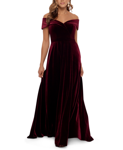 Shop Xscape Petite Off-the-shoulder Velvet Fit & Flare Gown In Burgundy