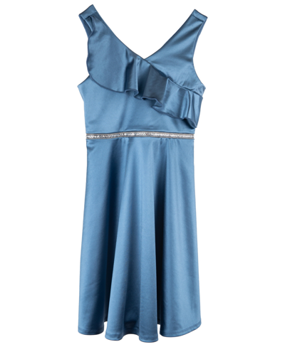 Shop Emerald Sundae Big Girls Ruffle Satin Rhinestone Waist Dress In Blue