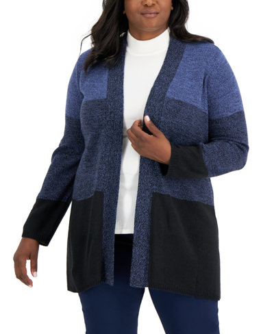 Shop Karen Scott Plus Size Turbo Colorblocked Cardigan, Created For Macy's In Blue Combo
