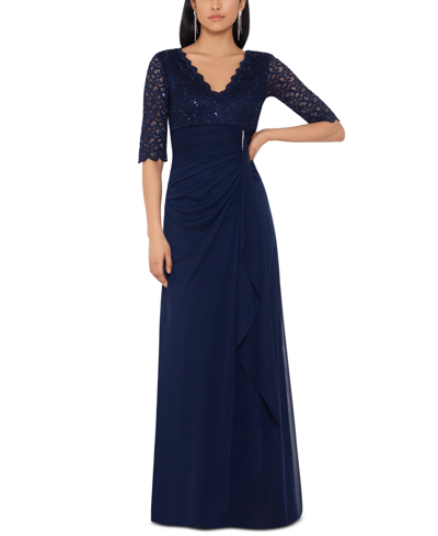Shop Betsy & Adam Women's Lace-top Waterfall-detail Gown In Navy Blue