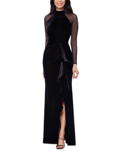 Shop Betsy & Adam Women's Sheer-sleeve Velvet Leg-slit Gown In Black