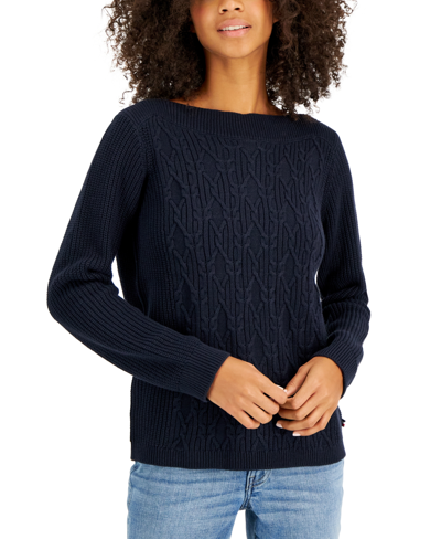 Shop Tommy Hilfiger Women's Boat-neck Cable Knit Cate Sweater In Sky Captain