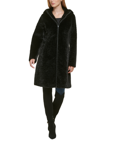 Shop Donna Karan Women's Hooded Textured Faux-fur Jacket In Black