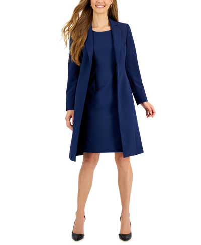 Shop Le Suit Women's Crepe Topper Jacket & Sheath Dress Suit, Regular And Petite Sizes In Indigo