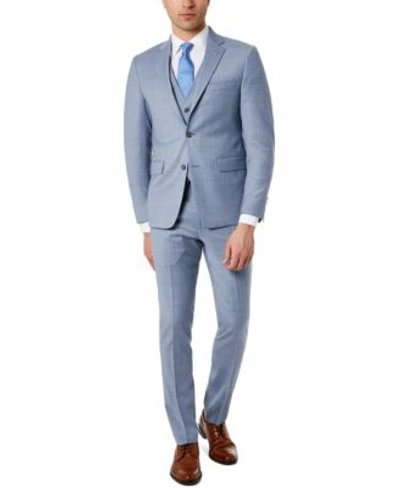 Shop Calvin Klein Mens Skinny Fit Infinite Stretch Solid Vested Suit Separates In Blue Plaid