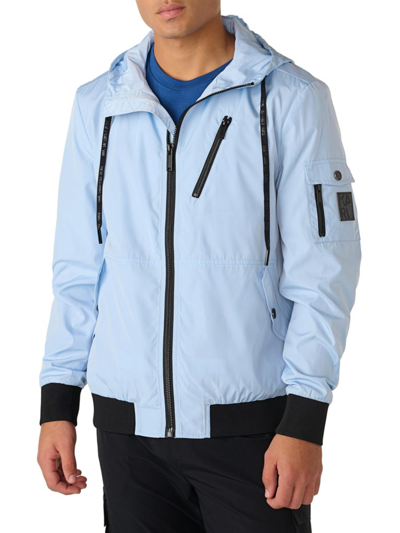 Shop Karl Lagerfeld Men's Logo Hooded Bomber Jacket In Light Blue