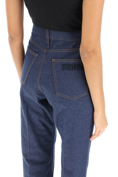 Shop Fendi Straight Jeans With Perforated Logo In Blue