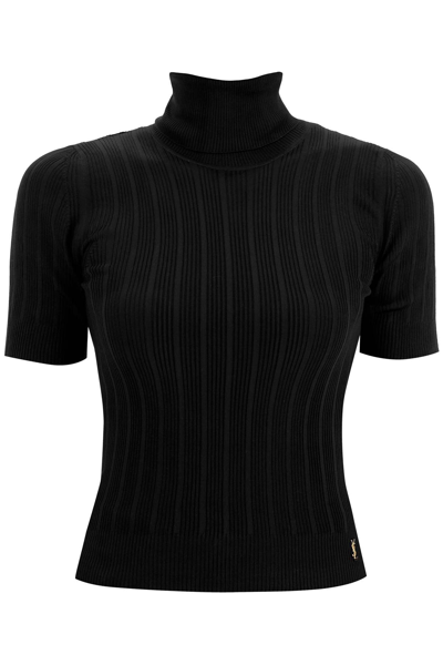 Shop Saint Laurent Silk Short-sleeved Turtleneck Top In Black