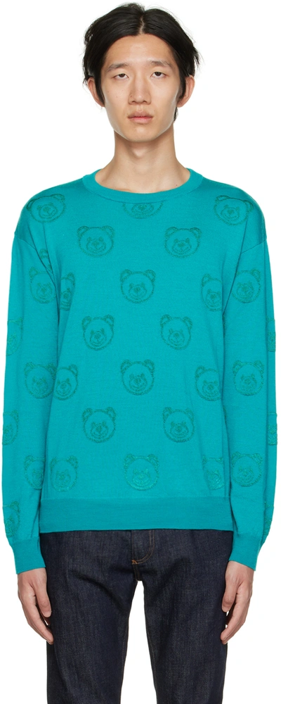 Shop Moschino Green Allover Teddy Sweater In V1366 Fantasy Print