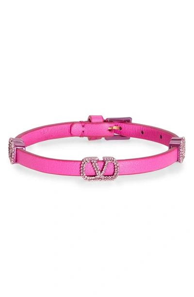 Shop Valentino Crystal Vlogo Leather Bracelet In Uxw Pink Pp/ Pink Pp/ Rose
