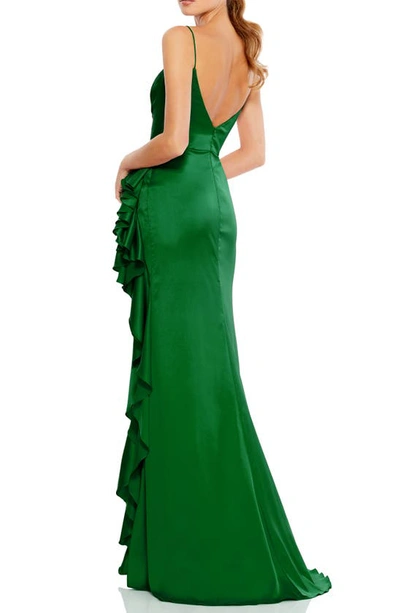 Shop Ieena For Mac Duggal Ruffle Satin Trumpet Gown In Forest Green