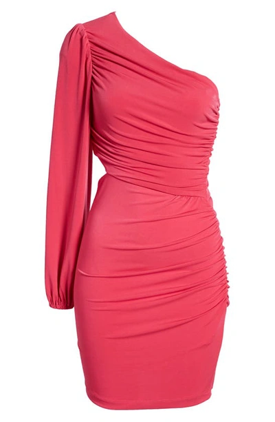 Shop Next Up One-shoulder Long Sleeve Ruched Minidress In Fuchsia