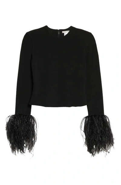 Shop Alice And Olivia Delaina Feather Cuff Crop Top In Black