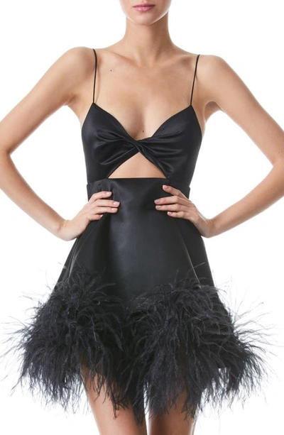 Shop Alice And Olivia Necole Cutout Feather Hem Minidress In Black