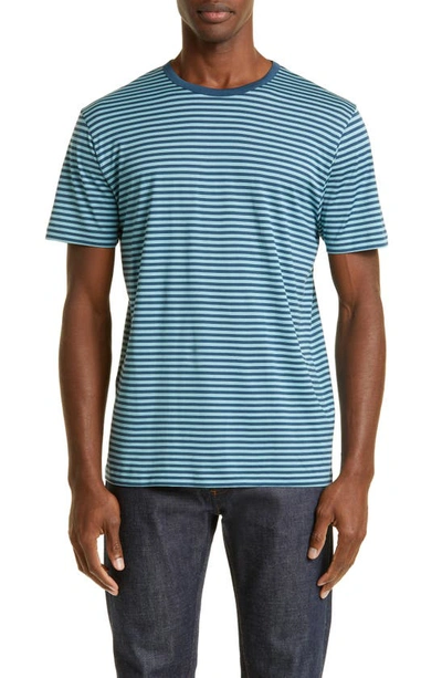 Shop Sunspel Stripe Crewneck Supima® Cotton T-shirt In Teal/ Storm Blue Stripe