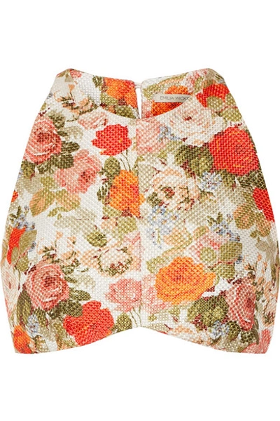 Emilia Wickstead Joanna Floral-print Cropped Basketweave Top In Orange Multi