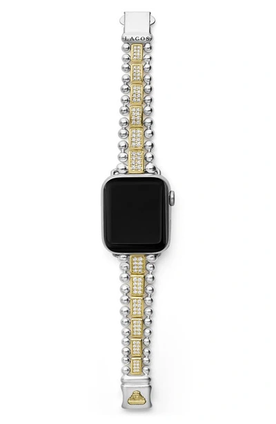 Lagos Smart Caviar Two-tone Sterling Silver And 18k Yellow Gold Full Diamond Apple Watch Bracelet, 38-45mm In Silver Gold Diamond