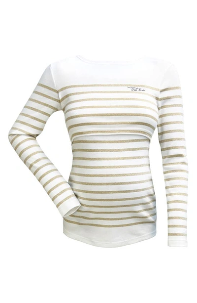 Shop Cache Coeur Crozon Sailor Long Sleeve Organic Cotton Maternity Top In White/ Gold