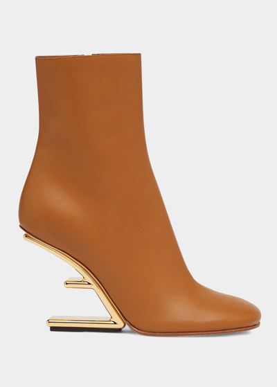 Shop Fendi Lambskin Metallic F-heel Ankle Booties In Brown