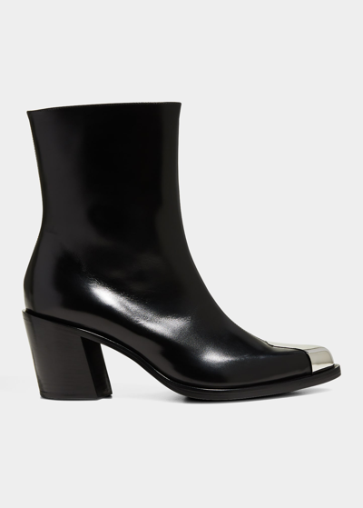 Shop Alexander Mcqueen Boxcar Calfskin Cap-toe Ankle Booties In Black/silver