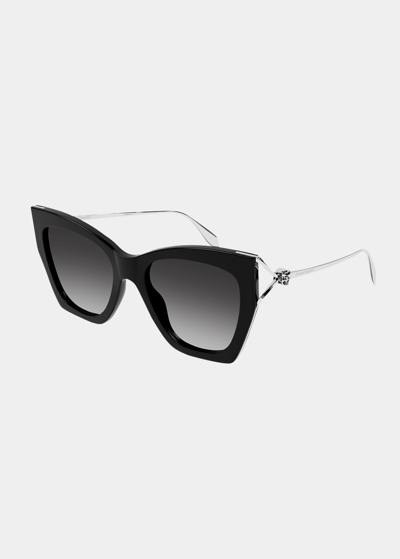 Shop Alexander Mcqueen Skull Crystal Acetate & Metal Butterfly Sunglasses In Shiny Black