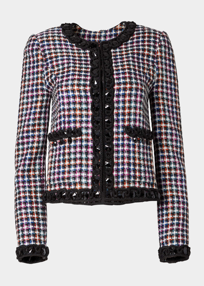 Shop Carolina Herrera Embroidered Collarless Cropped Jacket In Brwn Ovrfl