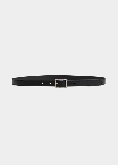 Shop Saint Laurent Embellished Buckle Skinny Leather Belt In Nero Crystal
