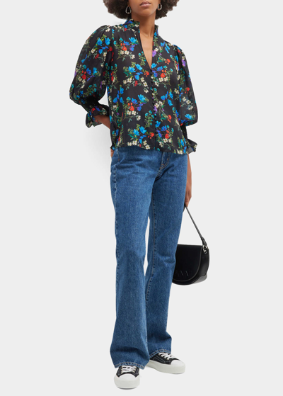 Shop Alice And Olivia Ilan Smocked-sleeve Button-front Blouse In Beautiful Blooms