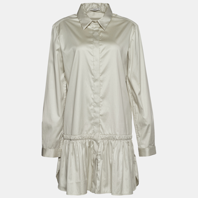 Pre-owned Prada Beige Cotton Gathered Hem Mini Shirt Dress L