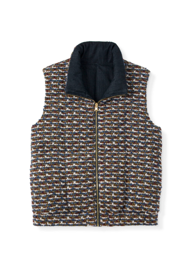 Shop St John Boucle Tweed Reversible Puffer Vest In Blue Multi