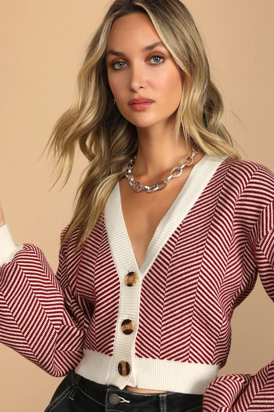 Lulus Here Comes A Holiday Red And White Striped Button-up Cardigan In Red And White