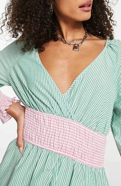Shop Topshop Mix & Match Stripe Long Sleeve Minidress In Green Multi
