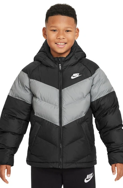 Nike Kids' Hooded Puffer Jacket In Black/light Smoke Grey/white | ModeSens