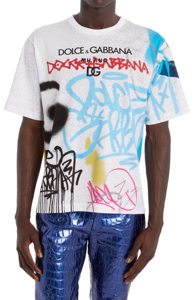 Dolce & Gabbana Graffiti Embroidered Logo Cotton Graphic Tee In Multicolour