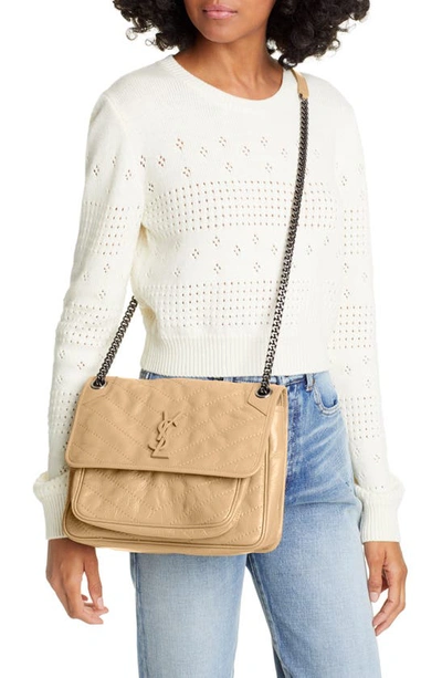 Shop Saint Laurent Medium Niki Leather Shoulder Bag In Dusty Grey