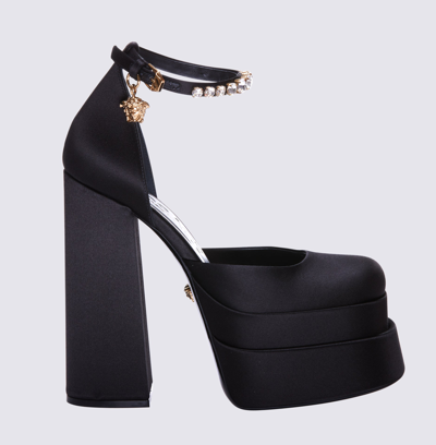 Shop Versace Black Leather Medusa Aevitas Platform Pumps In Nero-oro