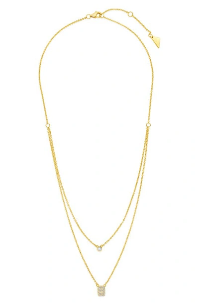 Sterling Forever 14k Yellow Gold Plated Bezel Cubic Zirconia Tag Layered Necklace In Gold