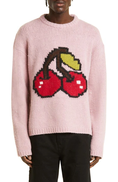 Shop Our Legacy Sonar Cherry Intarsia Crewneck Virgin Wool Blend Sweater In Candyfloss Cherry Acrylic