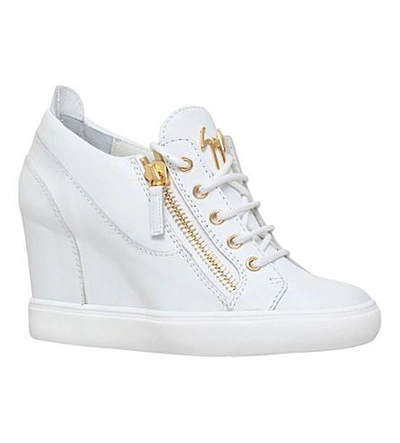 Shop Giuseppe Zanotti Leather Wedge Trainers In White