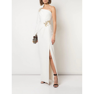 Shop Marchesa Notte One Shoulder Beaded Stretch Crepe Gown In White