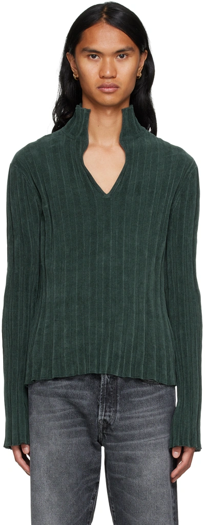 V-neck Velour Polo Jumper In Emerald Green