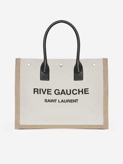Shop Saint Laurent Rive Gauche Cotton Small Tote Bag In White,beige
