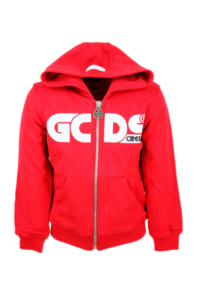 Shop Gcds Hooded Sweatshirt With Zip And Fluo Writing In Red