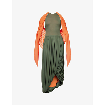 Shop Loewe Draped Halterneck Chiffon Maxi Dress In Khaki Green Orange