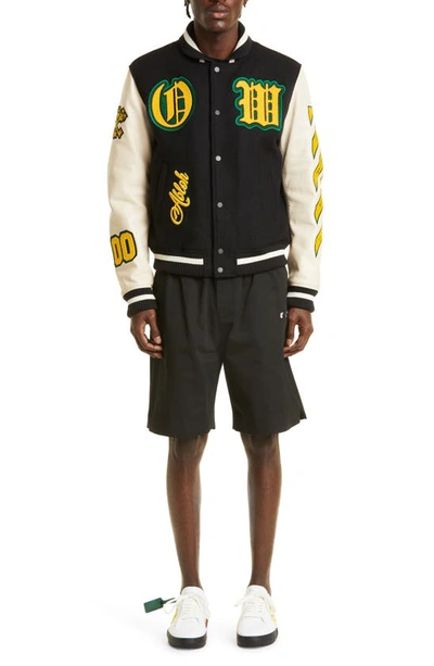 Shop Off-white Stretch Wool Blend & Leather Varsity Jacket In Black/ Yellow